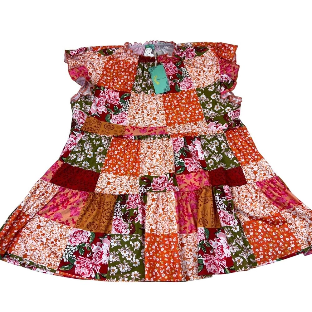NWT Floral Patchwork Baby Doll Top Cap Sleeves Sunshine And Rodeo Womens Large